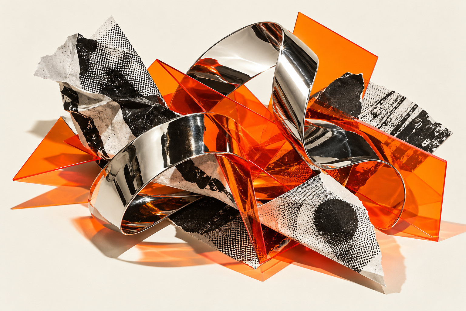 Composición editorial de cromo, acrílico naranja y papel con trama gráfica